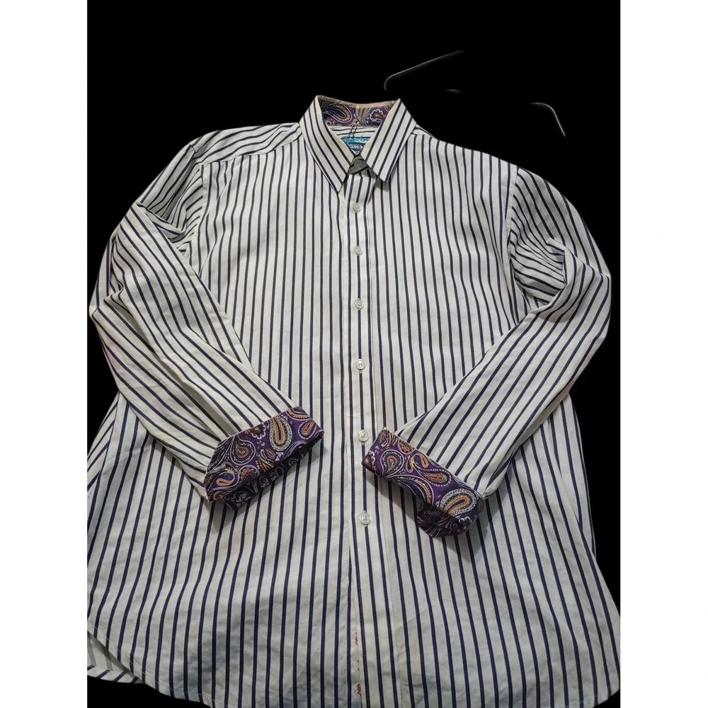 Robert Graham Mens Large Blue White Striped Paisley Button Down Shirt has stain